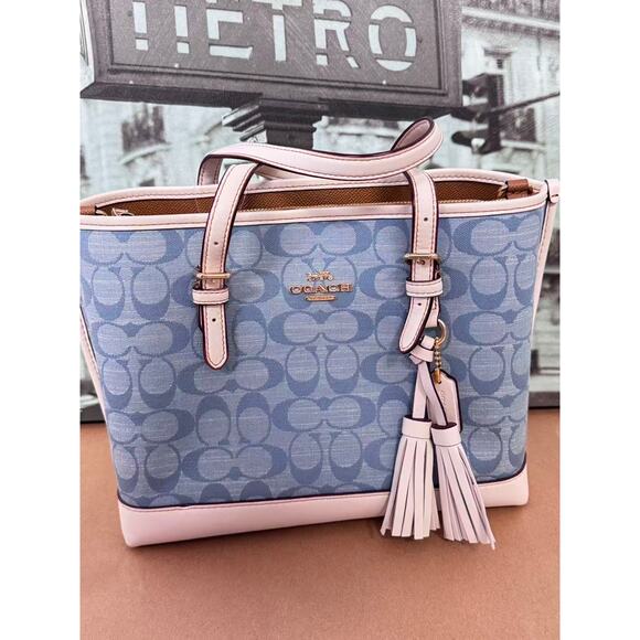 Coach CA142 Mollie Tote 25 In Signature Chambray &Leather Light Denim/Chalk - Picture 1 of 8
